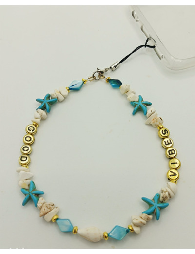 Bijou de portable turquoise/blanc/doré "GOOD VIBES"