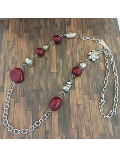 Gros collier perles bordeaux et acier inox