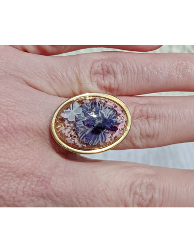 Bague résine ovale doré fleur rose/violet #10