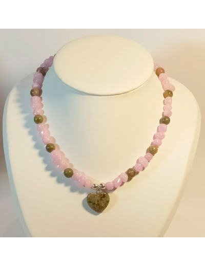 Collier en Unakite/perles naturelles mauve cœur