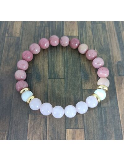 Bracelet rhodonite/quartz rose/pierre de lune doré