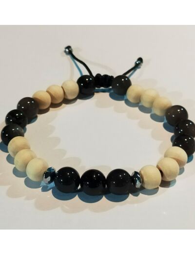 Perles en bois blanc naturel & obsidienne, ajustable