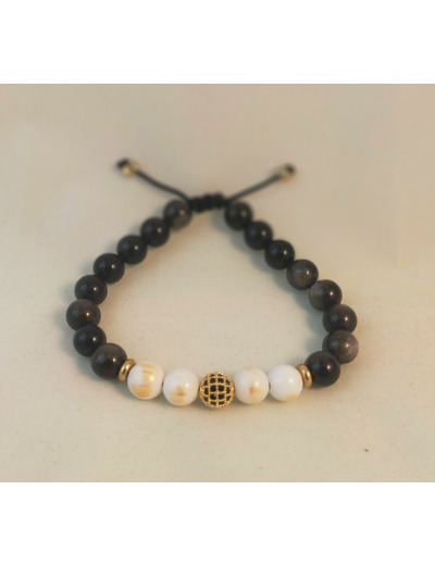 Bracelet ajustable obsidienne / jade blanc / perle doré-noir