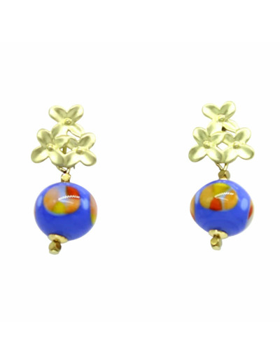 Boucles d'oreilles fleurs dorées Murano bleue Sillage