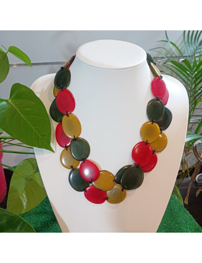 Collier long Shana rouge-kaki-vert en ivoire végétal