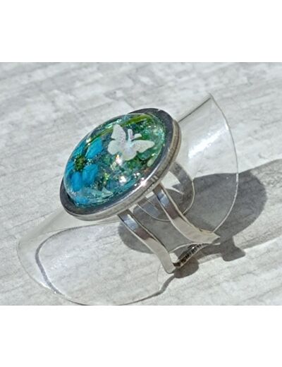 Bague résine ovale argenté fleur bleu #22