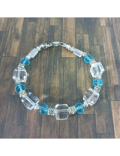 Bracelet en perles de cristal blanc/bleu/argenté