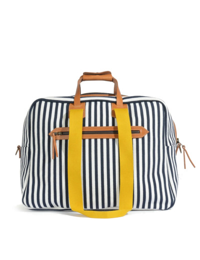 Bleu de Chauffe Sac de Voyage Cabine Aviateur Missak Cuir Et Toile Rayures D Eté