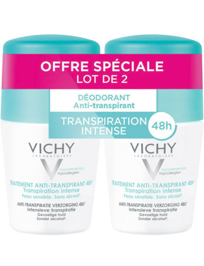 Anti-Transpirant Efficace 48h Transpiration Intense 2x50ml Déodorant Roll-on Peaux Sensibles Vichy
