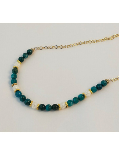 Collier apatite bleu / cristal blanche naturelle / doré