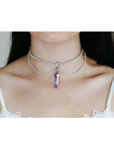 Tour de cou double chaîne pendentif en quartz violet