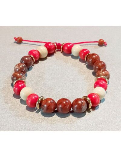 Perles en bois rouge/blanc + jaspe rouge + métal argenté, ajustable