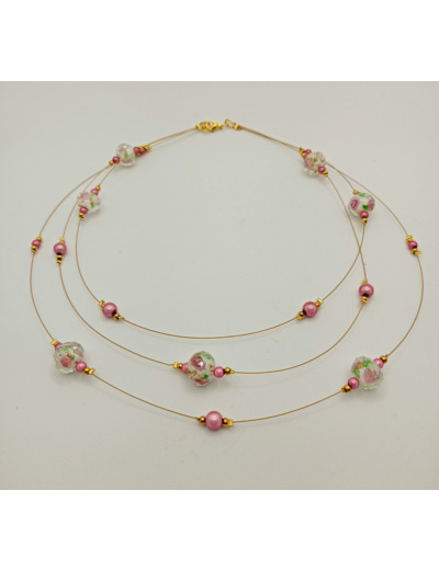 Collier triple en perles Murano et perles rose 3D