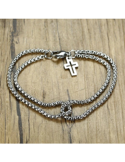 Bracelet double/croix en acier inoxydable pour homme