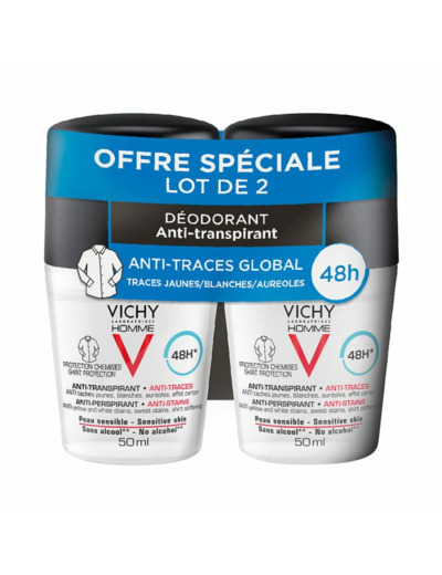 Anti-transpirant Anti-traces 48h 2x50ml Homme Roll-on Vichy