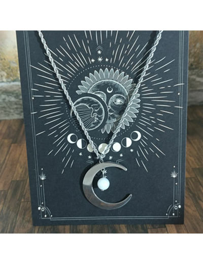 Pendentif lune en acier inoxydable et pierre de lune