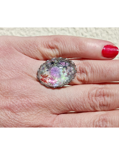 Bague résine ovale argenté fleurs ton mauve #16