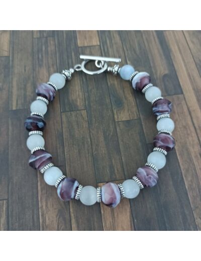 Bracelet en perles de verre et perles œil de chat violet/blanc