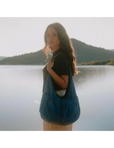 Bleu de Chauffe Sac Besace Paula Cuir Daim Bleu Agate