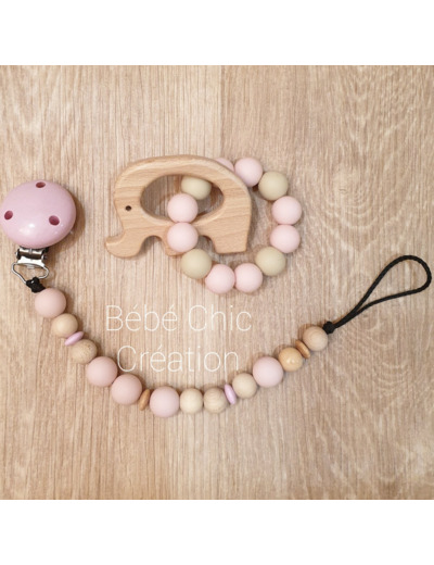 Attache sucette en silicone, rose et bois