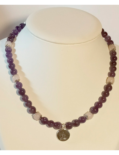 Collier en améthyste et quartz rose bouddha