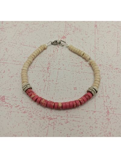 Bracelet en perles naturelles heishi rose/banc argenté