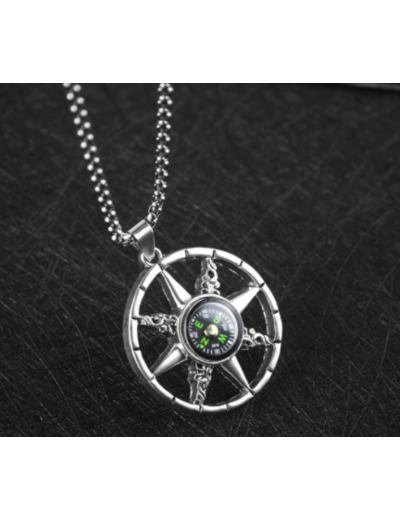 Collier avec pendentif rond boussole pour hommes