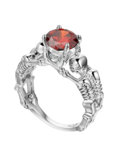 Bague homme 2 squelettes pierre rouge