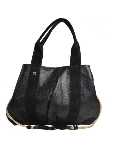 Mila Louise Prudy FAR5 Cabas Toile Fantaisie et Cuir Noir