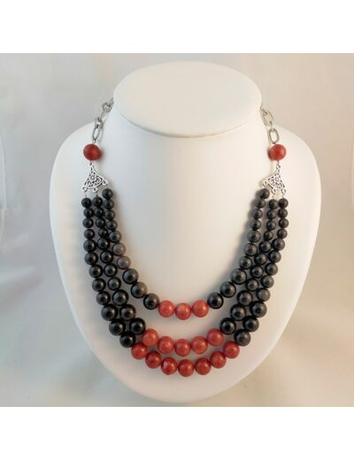 Collier triple obsidienne/corail rouge