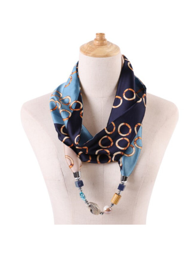 Foulard coton tons bleu collier à perles bleu et bois