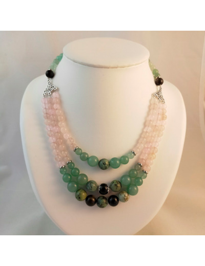 Collier triple aventurine/quartz rose/obsidienne/turquoise africaine