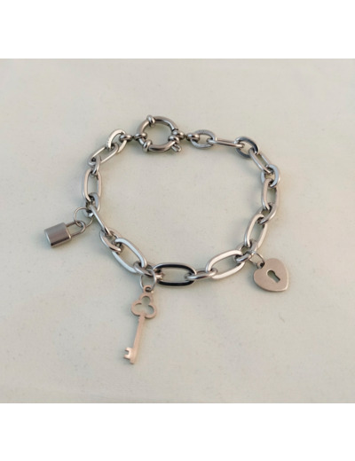 Bracelet grosse chaîne argenté clé/cadenas