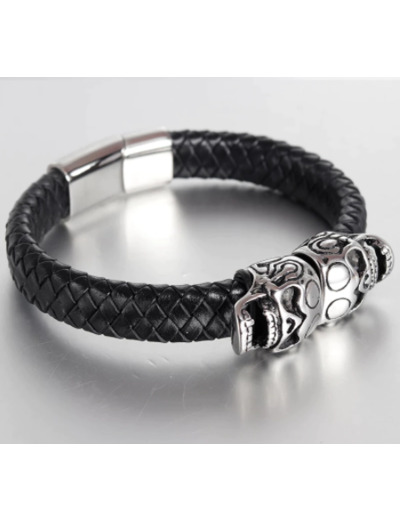 Bracelet en cuir véritable avec Double tête de mort