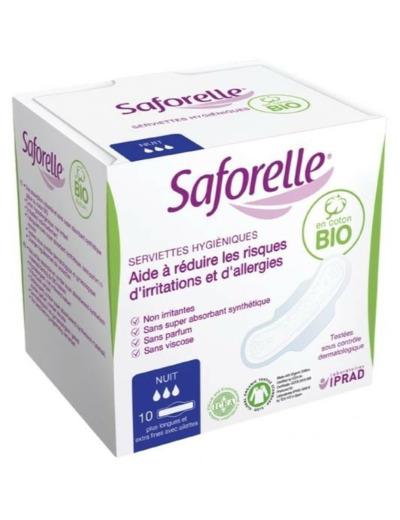 Serviettes Hygiéniques Nuit avec ailettes coton bio x10 Saforelle