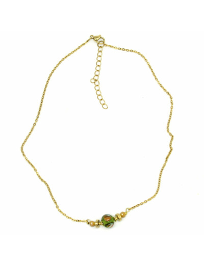 Collier ras de cou chaîne acier perle Murano olive Salvia
