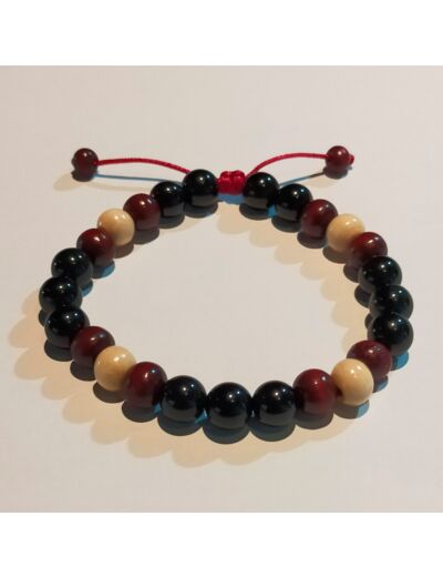 Perles en bois aubergine/blanc + obsidienne noire, ajustable