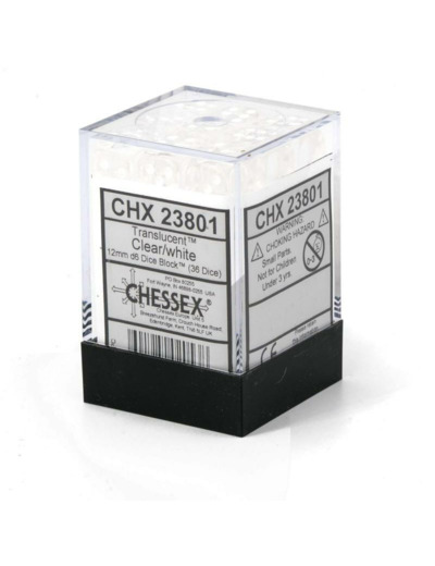 CHESSEX - Set de 36 dés 6 - TRANSPARENT - Clair/Blanc