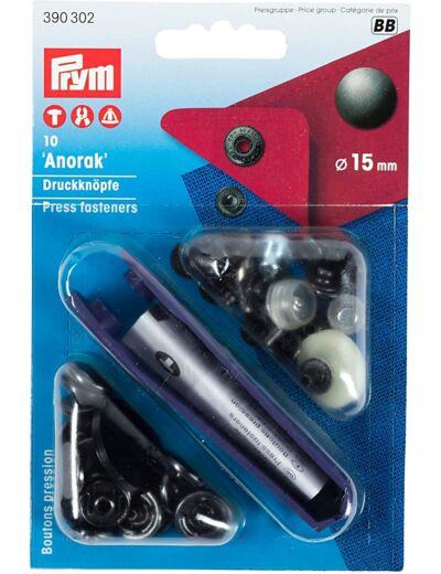 Boutons  pression pour  Anorak 15mm noir + Outil de pose