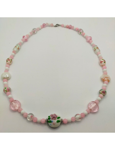 Collier rose/blanc perles Murano et naturelles