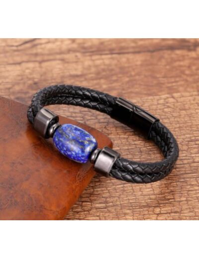 Bracelets en cuir véritable pour hommes grosse perle Lapis lazuli