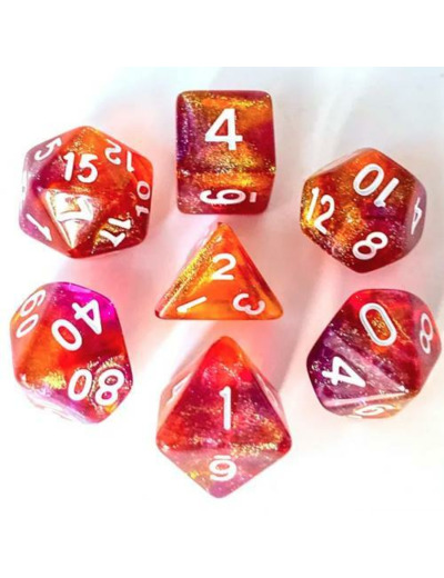 Lot de 7 Dés Resine en boîte - Violet et Orange Paillettes