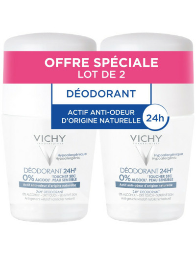 Toucher Sec 24h Peaux Sensibles 2x50ml Déodorant Roll-on Vichy
