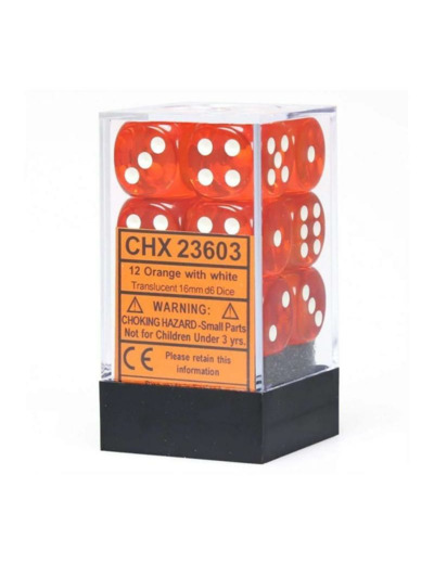 CHESSEX - Set de 12 dés 6 - TRANSPARENT - Orange/Blanc