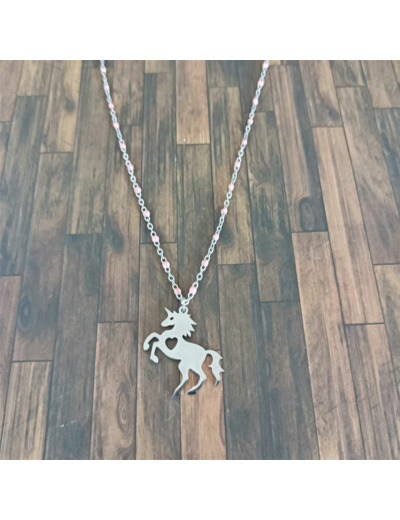 Collier licorne rose et acier inoxydable