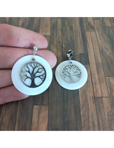 Boucles d'oreilles nacre et arbre de vie acier inoxydable