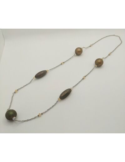 Collier long chaîne/grosses perles argenté