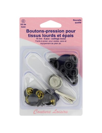 Boutons pressions tissus épais 15 mm + outillage de fixation noir