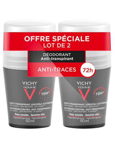 Anti-Transpirant Efficace 72h Contrôle Transpiration 2x50ml Déodorant Roll-on Vichy