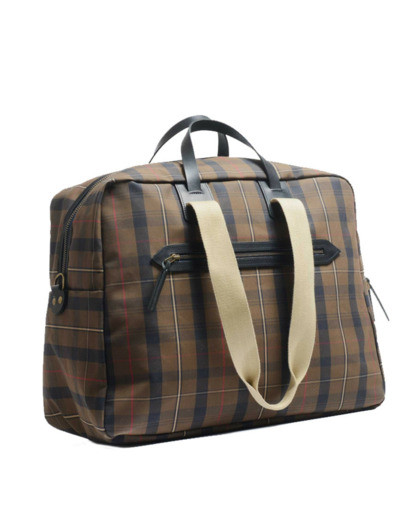 Bleu de Chauffe Sac de Voyage Cabine Aviateur Missak Cuir Et Toile Tartan Brun Rouge